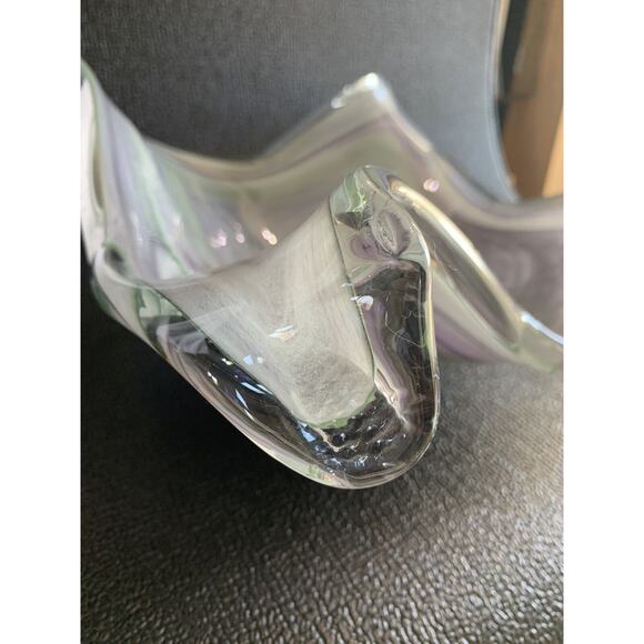 19” Murano Style Handblown Bowl Glass Ribbon Vase Wave Ribbed Purple Green Glass - Picture 11 of 16